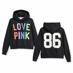 Victoria's Secret Love PINK Hoodie Women's M Black Rainbow Logo 86 Graphic Y2K